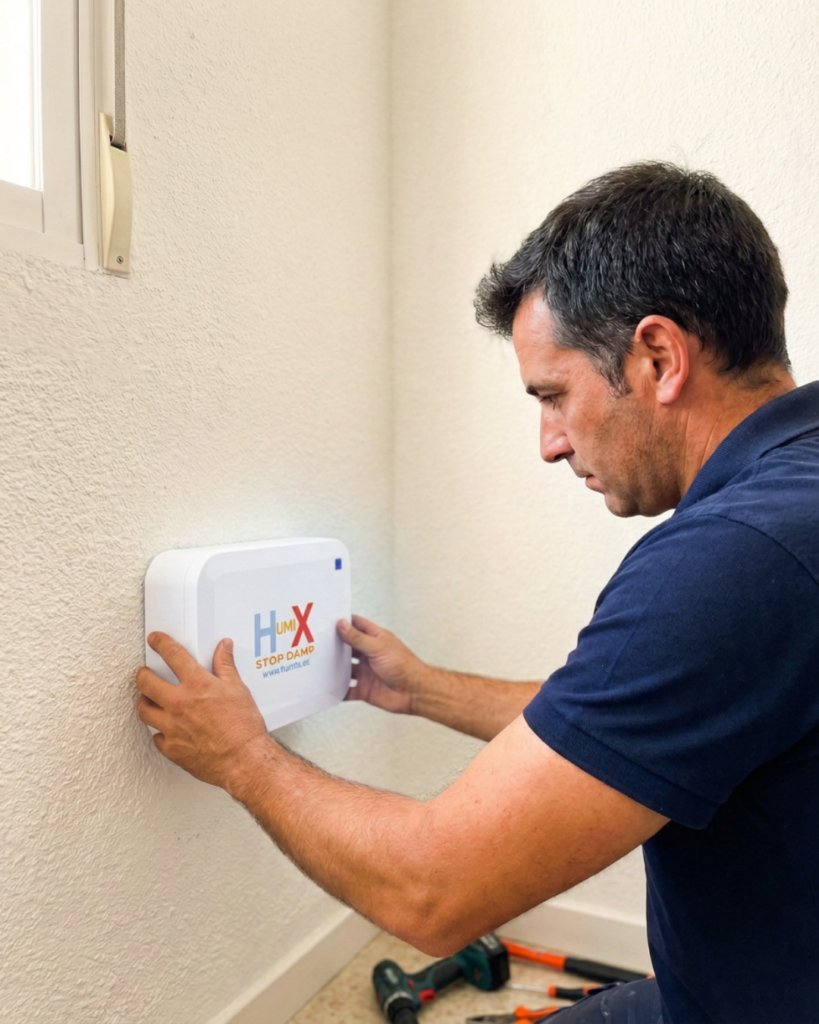 Technician installing an electro osmosis system to treat rising damp in a house