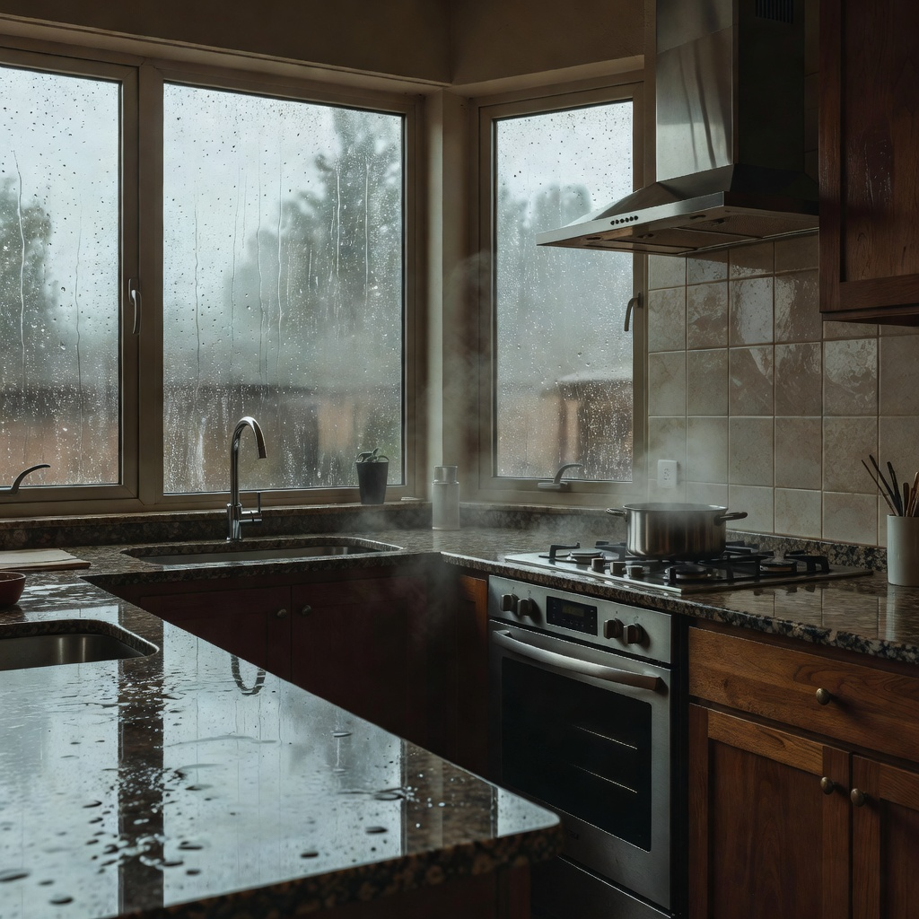 Condensation and humidity inside a kitchen with steam and wet windows
