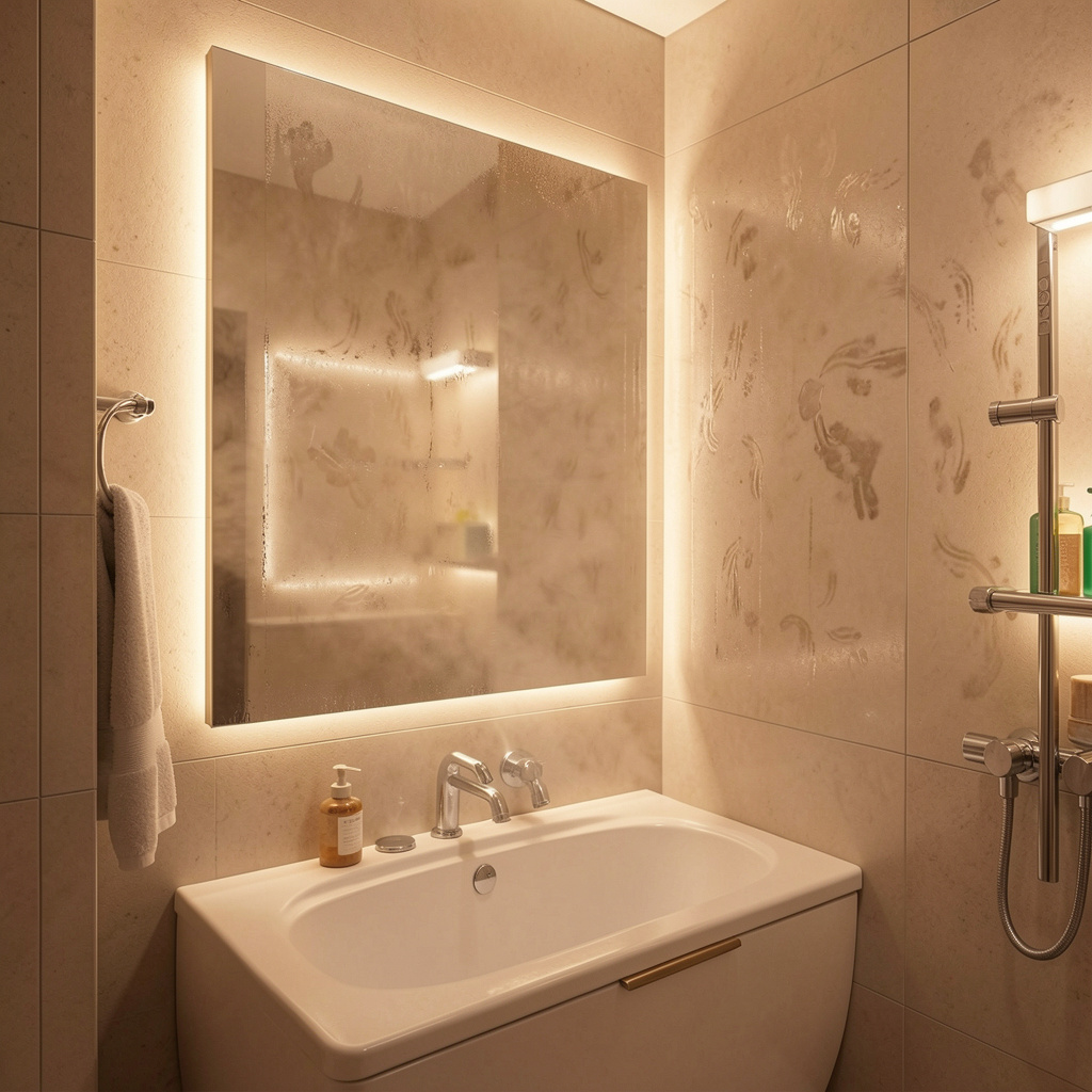 Bathroom mirror with condensation caused by excess indoor humidity