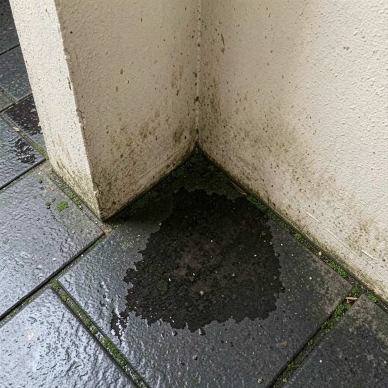 Exterior wall with visible dampness and moisture buildup near the ground