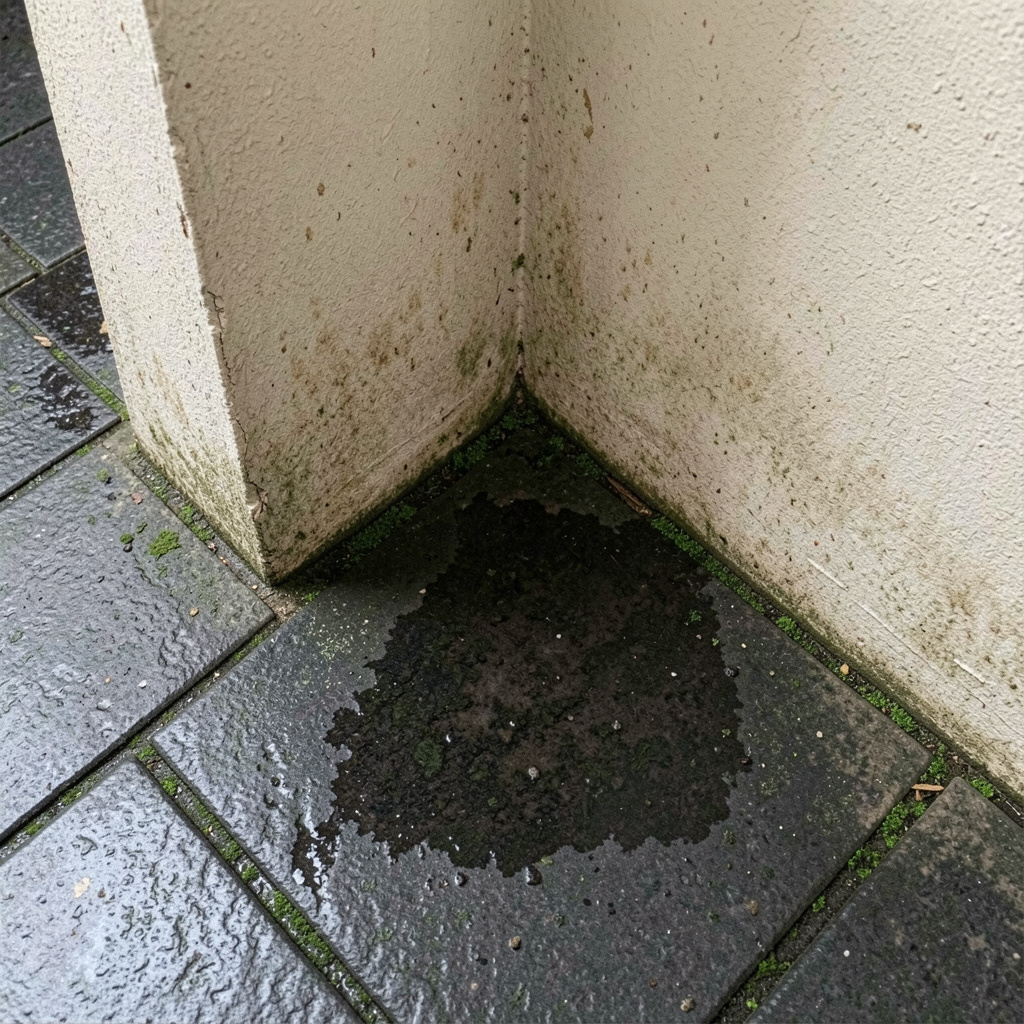 Exterior wall with visible dampness and moisture buildup near the ground