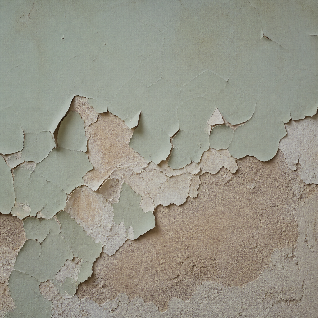Peeling paint caused by rising damp on an interior wall