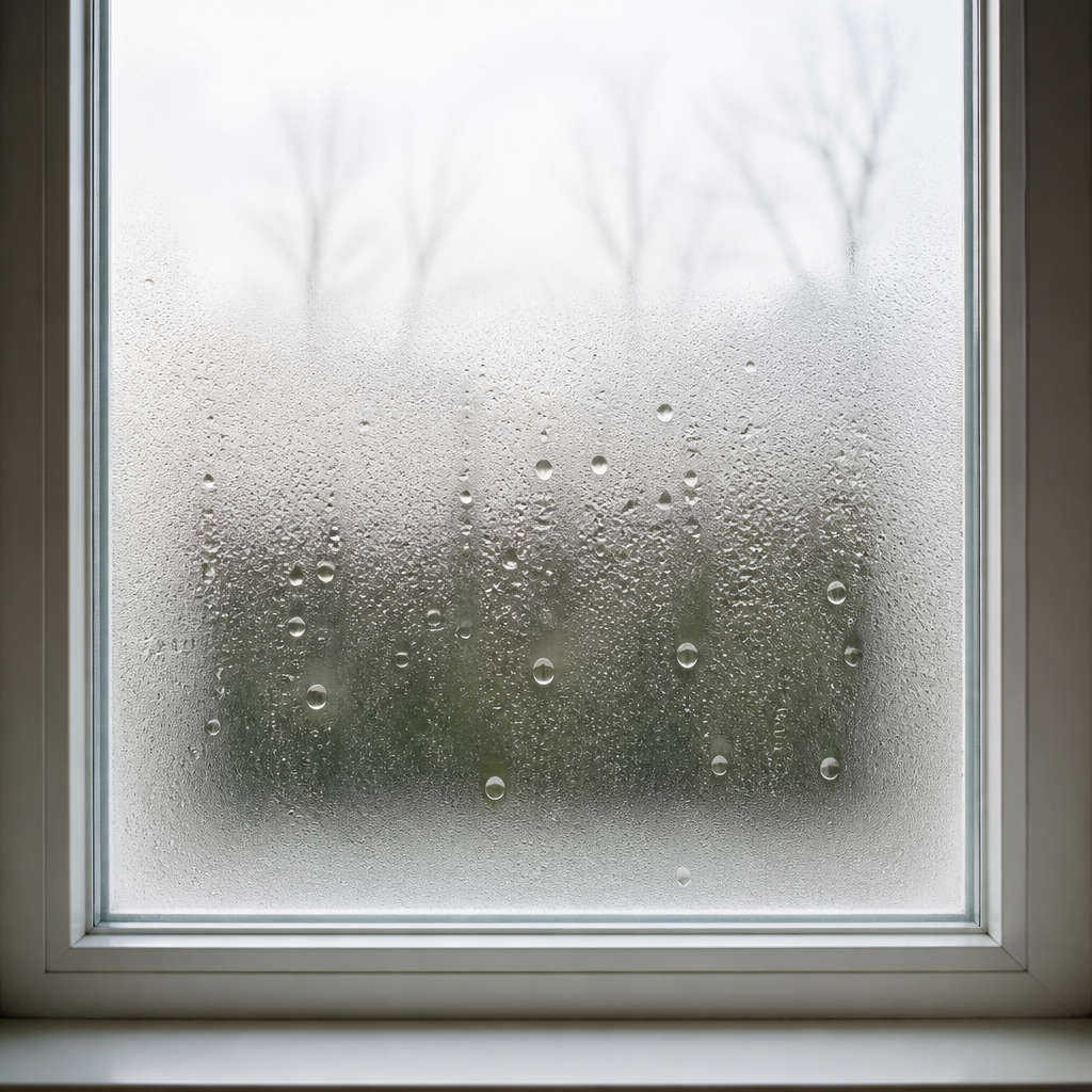 Condensation on a house window caused by excess indoor humidity