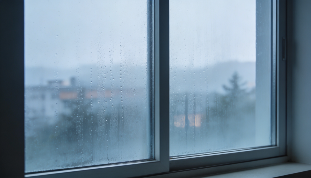 Condensation on modern windows caused by excess indoor moisture in a new build home
