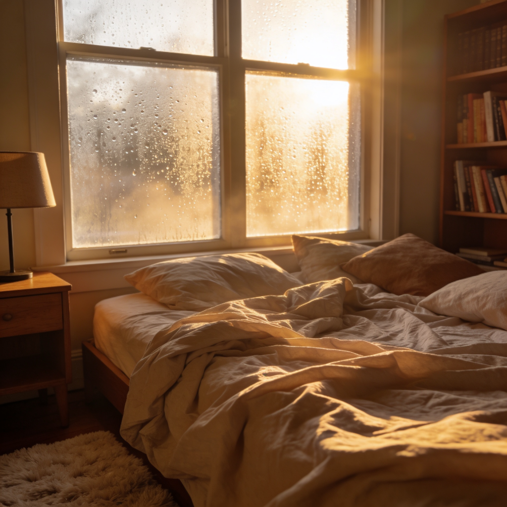 Bedroom window with condensation caused by excess indoor moisture