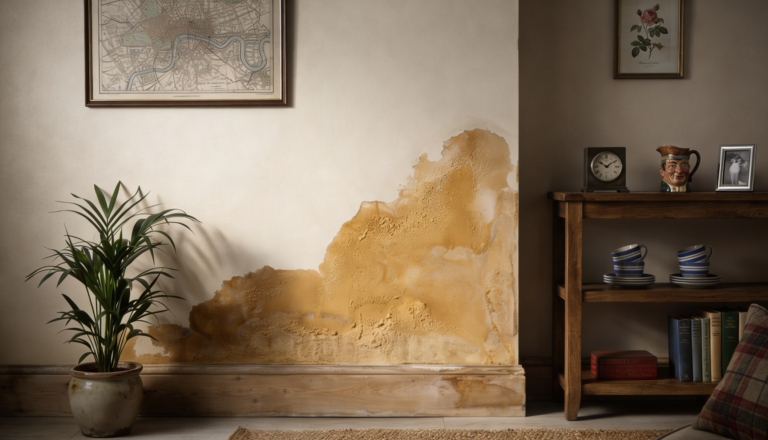 Damp wall damage inside a UK home caused by excess moisture and rising damp
