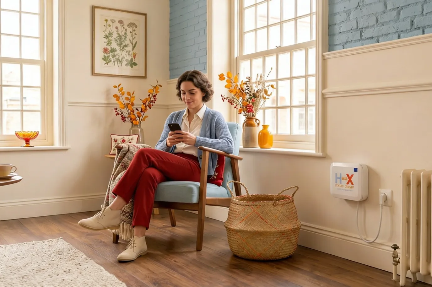 Bright London living room with HUMIX damp treatment device installed on the wall