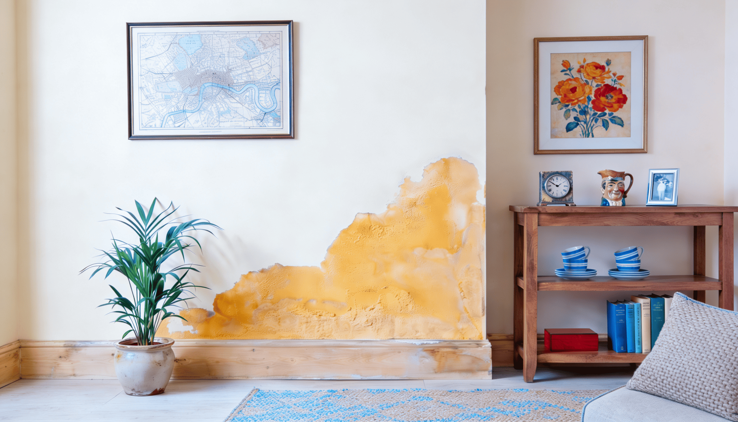 Rising damp signs on a lower interior wall in a UK home