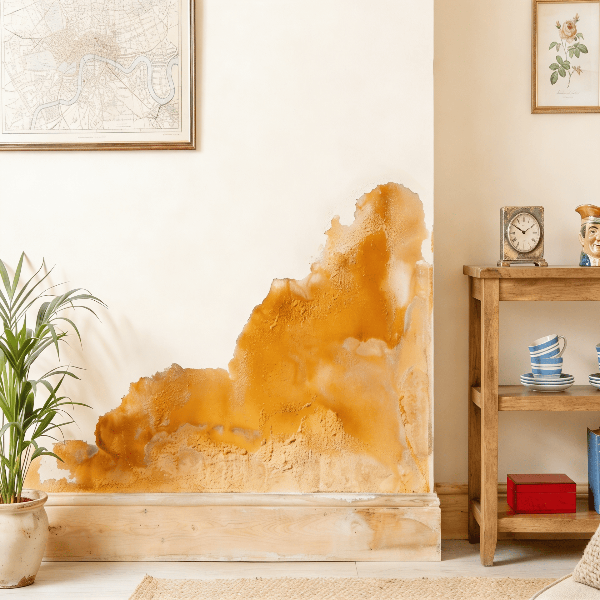 Rising damp signs on a lower interior wall in a UK home