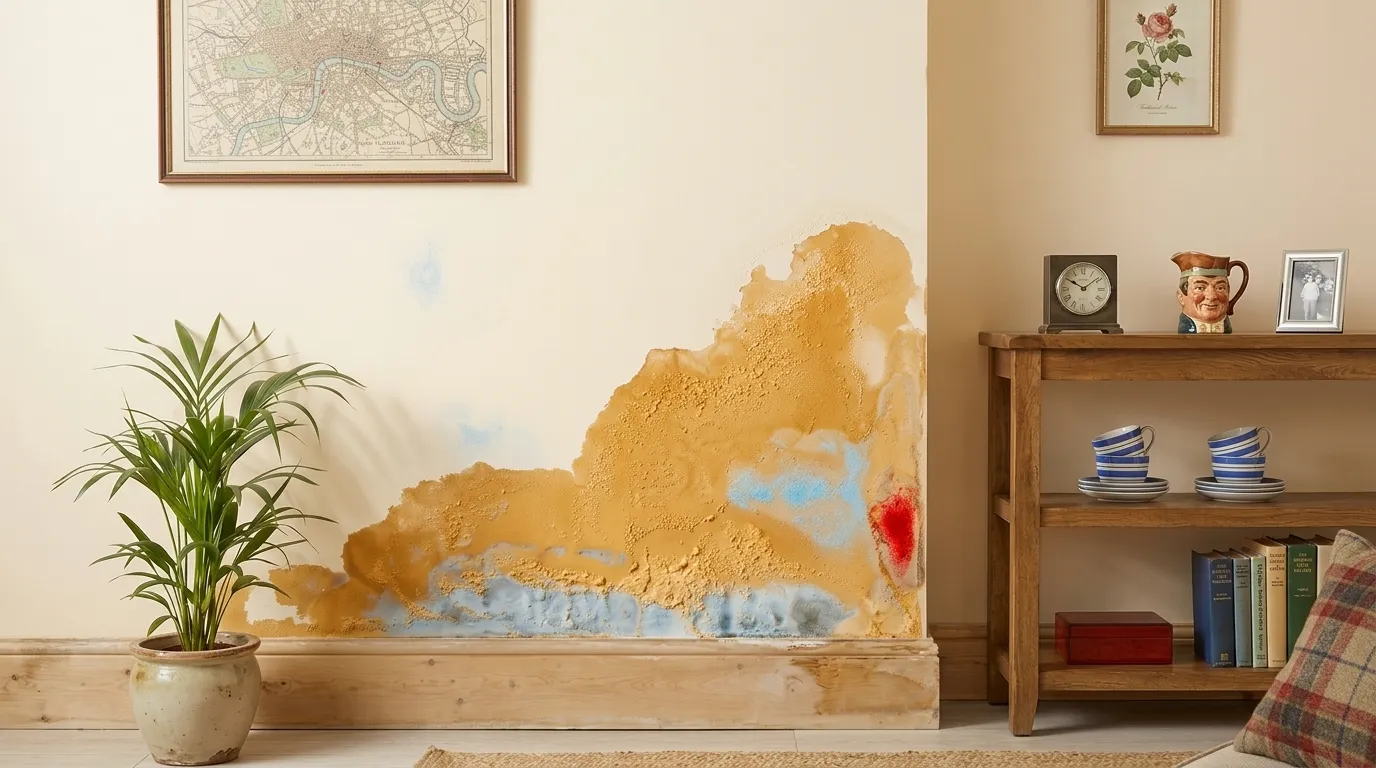 Rising damp signs on a lower interior wall in a UK home
